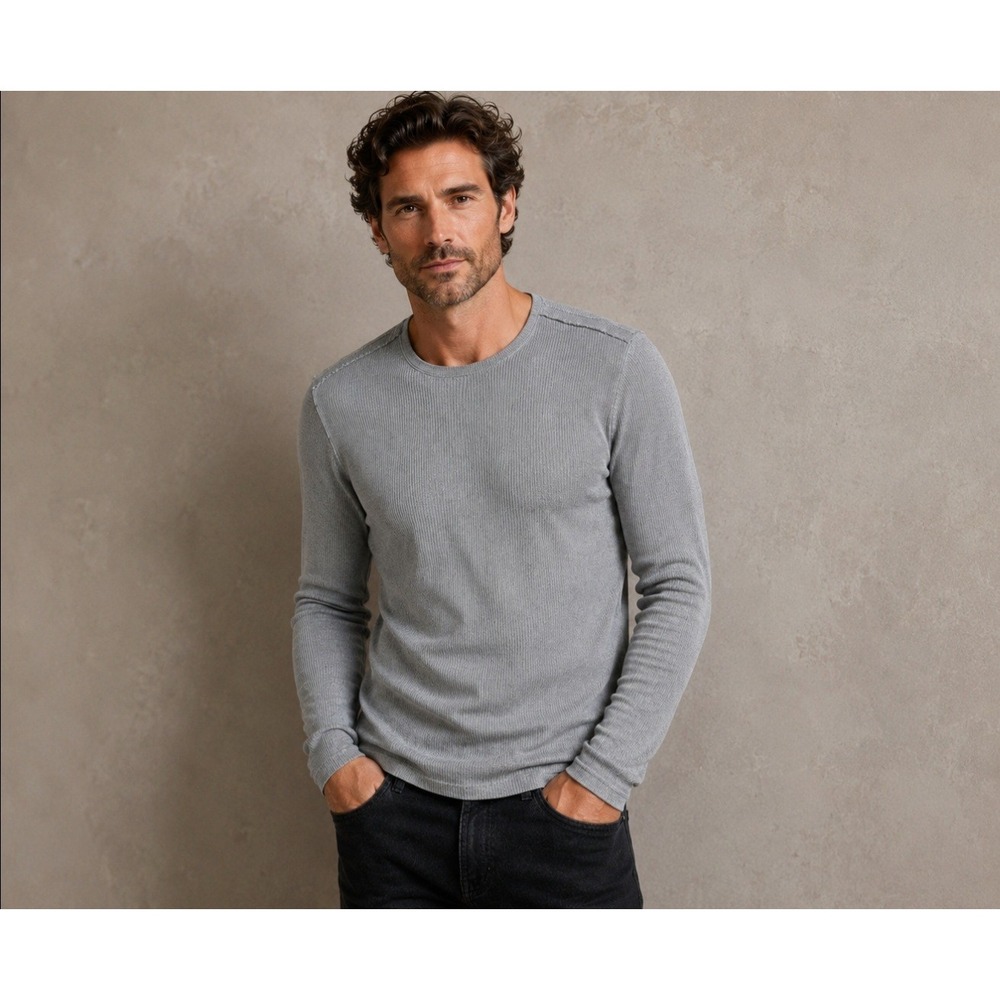 John Varvatos Men Grey Silk Cotton Ribbed Long Sleeve Sweater M Y2122S4